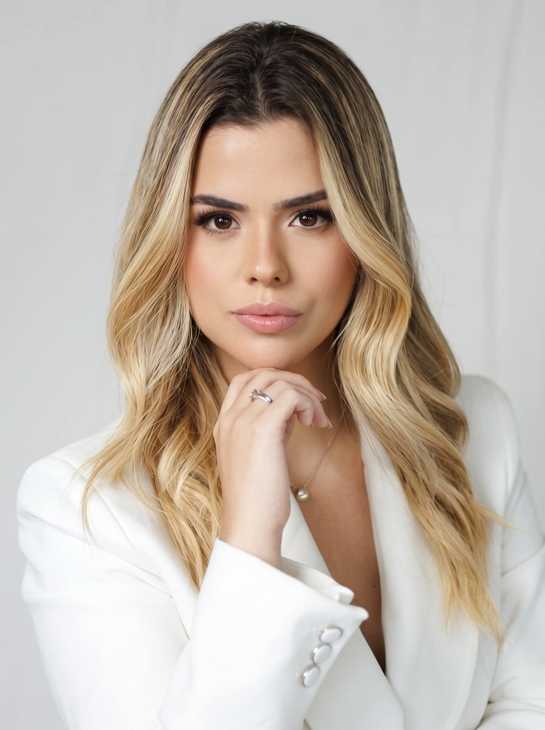 Emilly Braga, advogada, de blazer branco, com a mão no queixo, olhando para a câmera.